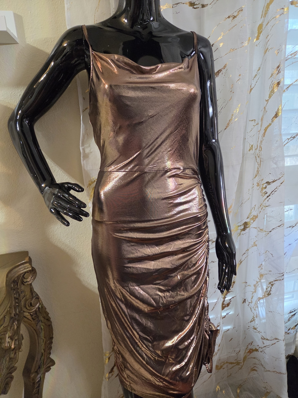VIDUSSA Rose Gold Metallic  Midi Dress with Cowl Neck Spagetti Strap